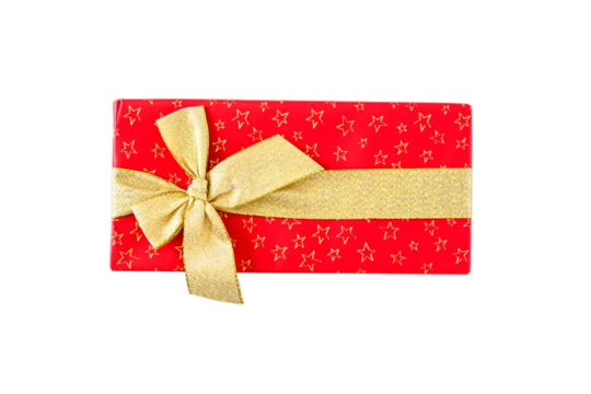 Gift wrapped box of chocolates, red paper with gold stars and wide gold ribbon, ready to celebrate
