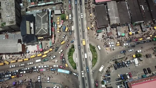 Drone vertical shot of traffic intersection in Lagos, Nigeria