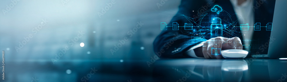 Poster Cyber security on cloud technology, Data storage and Exchange business information with internet cloud technology. Block chain, File transfer Protocol, File sharing on cyber global network.