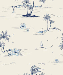 Tropical Palm Beach Island Hand Draw Outline Vector illustration Seamless Pattern Print On light Beige Colour Background Wallpaper 