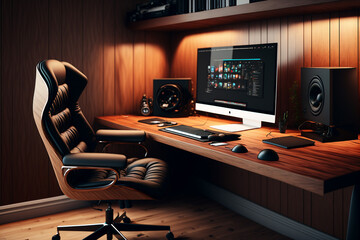 Naklejka premium The ideal work environment for a freelancer, depicted in a modern home interior with a cool and comfortable setup, brought to life through Generative AI