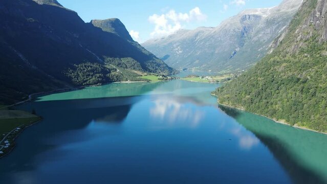 Oldevatnet glacier lake in Norway. Drone footage