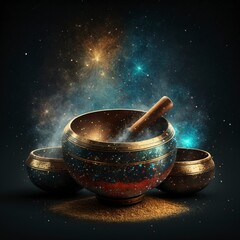 tibetan singing bowls, glitter and star dust floating around with Generative AI
