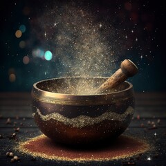 tibetan singing bowls, glitter and star dust floating around with Generative AI