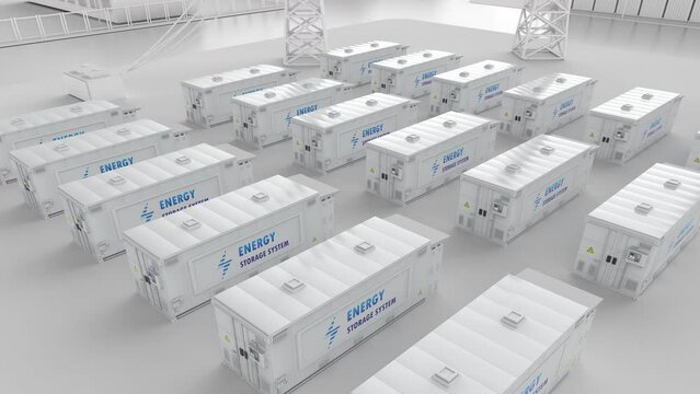 Energy storage system or battery container unit with smart industrial estate park for infrastructure development 4k footage