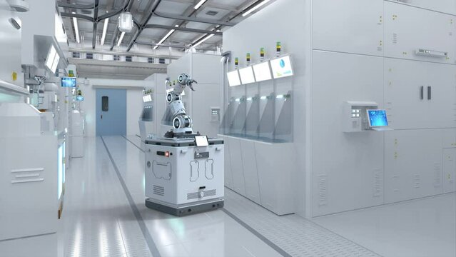 Automation semiconductor manufacturing with robotic arms in factory 4k footage