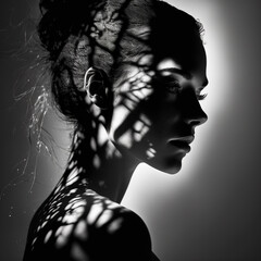 Beautiful Woman Strips of Light Shadows Silhouette, Generative AI