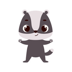 Cute little badger on white background. Cartoon animal character for kids cards, baby shower, invitation, poster, t-shirt composition, house interior. Vector stock illustration