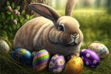 Adorable Bunny With Easter Eggs, generative ai