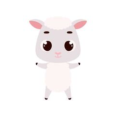 Cute little sheep on white background. Cartoon animal character for kids cards, baby shower, invitation, poster, t-shirt composition, house interior. Vector stock illustration