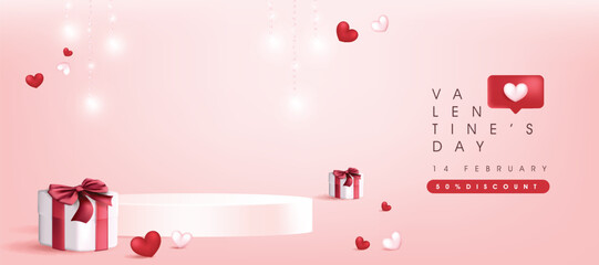 Valentine's day sale banner backgroud with product display cylindrical shape and gift box red bow