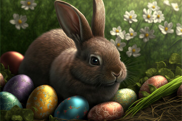 Fototapeta na wymiar Adorable Bunny With Easter Eggs, generative ai