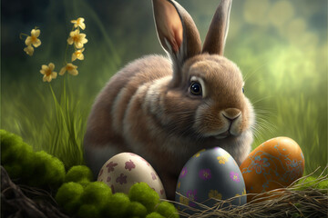 Fototapeta na wymiar Adorable Bunny With Easter Eggs, generative ai