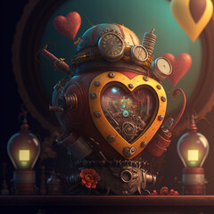 Generative Ai conceptual illustration for Valentine's day, wedding card. Heavy Mechanical Steampunk heart shaped gearbox with gears. Surreal romantic clockwork ornate vintage concept 
