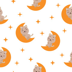 Cute little cat sleeping on moon seamless childish pattern. Funny cartoon animal character for fabric, wrapping, textile, wallpaper, apparel. Vector illustration