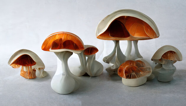 3D Group Of Mushrooms In Plastic Container