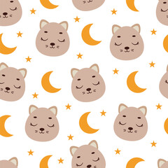 Cute little slipping cat head seamless childish pattern. Funny cartoon animal character for fabric, wrapping, textile, wallpaper, apparel. Vector illustration