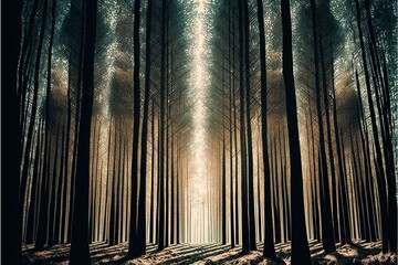 forest with rows of trees arranged in rows with Generative AI