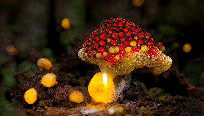 Amanita muscaria glowing red top mushroom releasing spores yellow forest