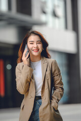 Lifestyle of beautiful Asian women going to work happily walking and talking on the phone close to her office building