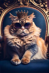 cat with sunglasses sitting on a throne with a crown with Generative AI