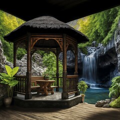Wooden gazebo at the foot of a waterfall. Photo wallpapers. The fresco.
