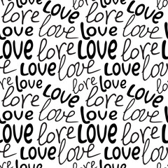 Vector creative seamless pattern with different lettering - love you. Decorative texture and background. Hand drawn inscription in doodle style for Valentine's day, wrapping paper, romantic design