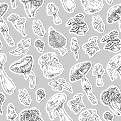 Seamless pattern design with mushrooms and toadstools, vector illustration.