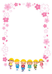 Obraz na płótnie Canvas 友達と走ってくる可愛い小学生の子供たち　桜の花びら　フレーム　コピースペース　テンプレート
