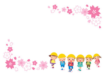 友達と走ってくる可愛い小学生の子供たち　桜の花びら　フレーム　コピースペース　テンプレート