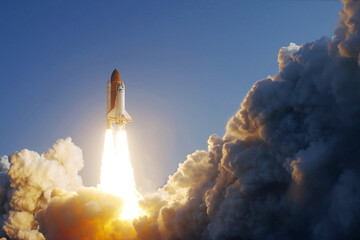 The launch of a spaceship, a rocket into space. Elements of this image furnished by NAS