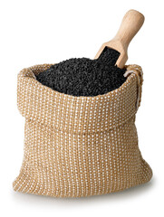 black cumin seeds with scoop in burlap bag isolated on white