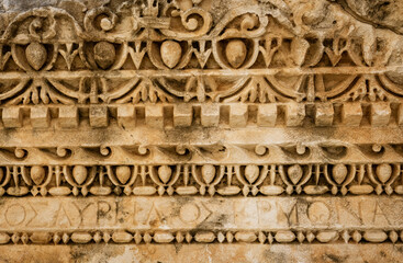 Stone ornaments in the ancient city of Myra. Demre, Antalya, Turkey.