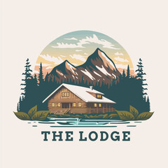 Fototapeta na wymiar lodge badge logo, Wood cabin nature forest logo vector illustration