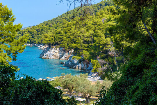 The famous pebble beach kastani with the turquoise waters where the famous Mamma Mia movie was filmed, located in Skopelos island, Sporades, Greece.
