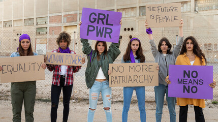 Multiracial feminism activist protesting for woman's rights and empowerment holding signs....