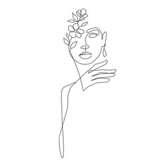 Woman Abstract Face with Flowers One Line Drawing. Female Portrait Minimalist Style. Botanical Print. Nature Trendy Symbol for Cosmetics. Continuous Line Art. Fashion Minimal Print. Beauty Logo. 