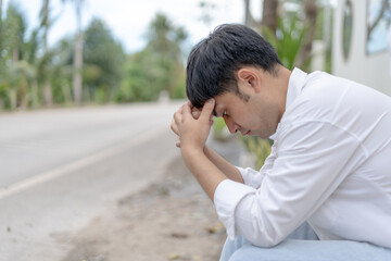 Depression and mental illness. Asian man disappoint, sad after receive bad news. Stressed boy...