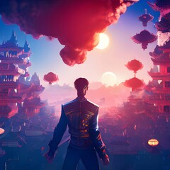 a warrior facing his hometown city created with generative AI 