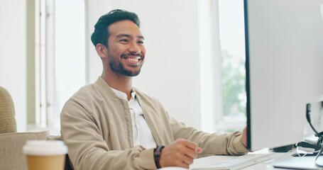 Internet, search and success by businessman on a computer for planning, creative and happy in office. Male, entrepreneur and corporate startup employee typing, browsing and email, smile and joy - Powered by Adobe