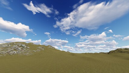 Green grass hill field under blue sky. 3D illustration. 3D rendering.