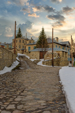view of snowy Nymfaio florinas the picturesque traditional village of north Greece also known for Arcturos organisation which protects brown bears	