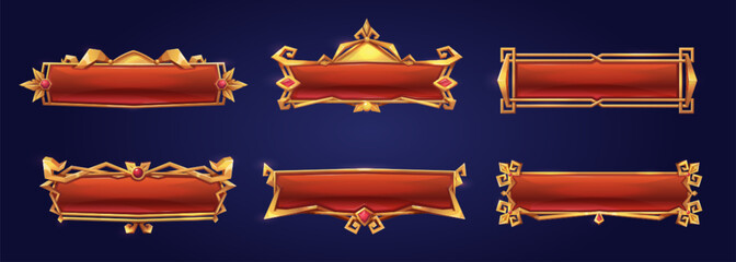 Medieval buttons, ui game menu elements, red oblong banners and gold ornate rims. Empty royal gui bars for rpg or arcade, golden borders, web design interface Cartoon 3d vector illustration, set