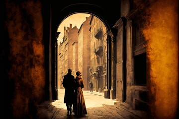 Naklejka premium Romantic Walk Through a Historic City Back View