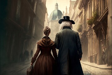 Naklejka premium Romantic Walk Through a Historic City Back View