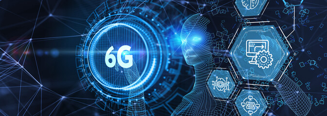 Obraz premium The concept of 6G network, high-speed mobile Internet, new generation networks. Business, modern technology, internet and networking concept. 3d illustration