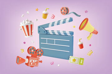 3d Cinema Movie Concept Video Shooting Clapboard and Camera with Elements Around Plasticine Cartoon Style. Vector illustration