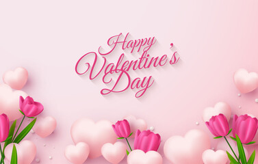 Happy Valentines Day background with love balloons and realistic vector pink roses. Premium vector for Gift card, love party, invitation voucher design, poster template, place for text.