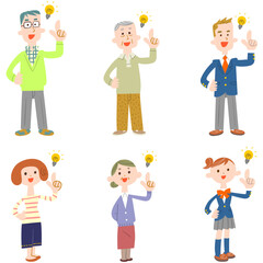 アイデアを思いつく様々な世代の人物のイラストセット
