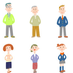 手を後ろに回して立つ様々な世代の人物のイラストセット
